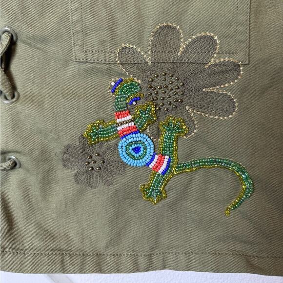 Desigual Olive Green Mini Skirt With Embroidery and Lace Details Size Small - Picture 2 of 10